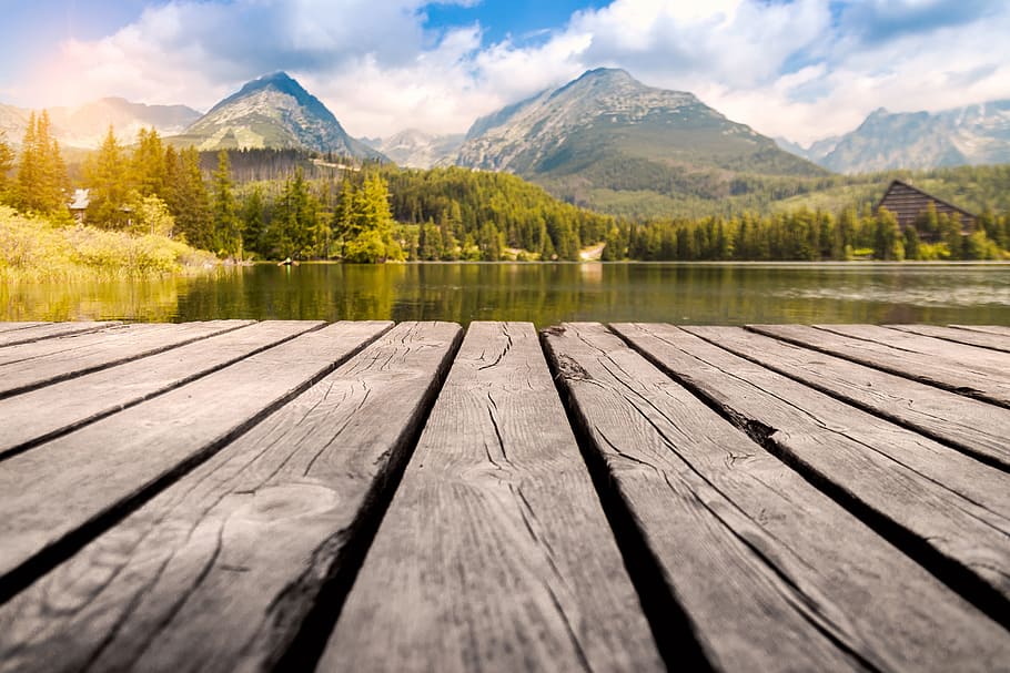 gray river dock on body of water photography, Background, Mountain HD wallpaper