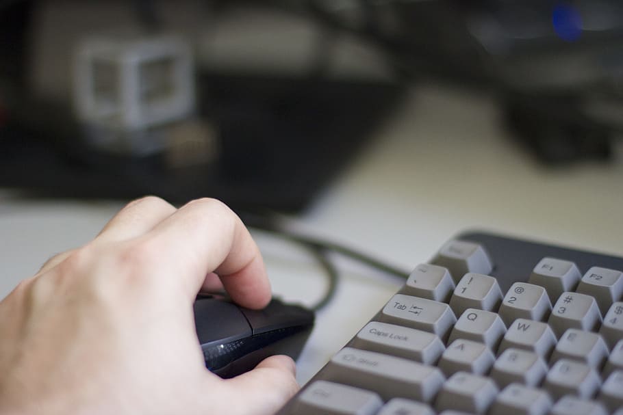 person using optical mouse, keyboard, hand, computer, workplace HD wallpaper