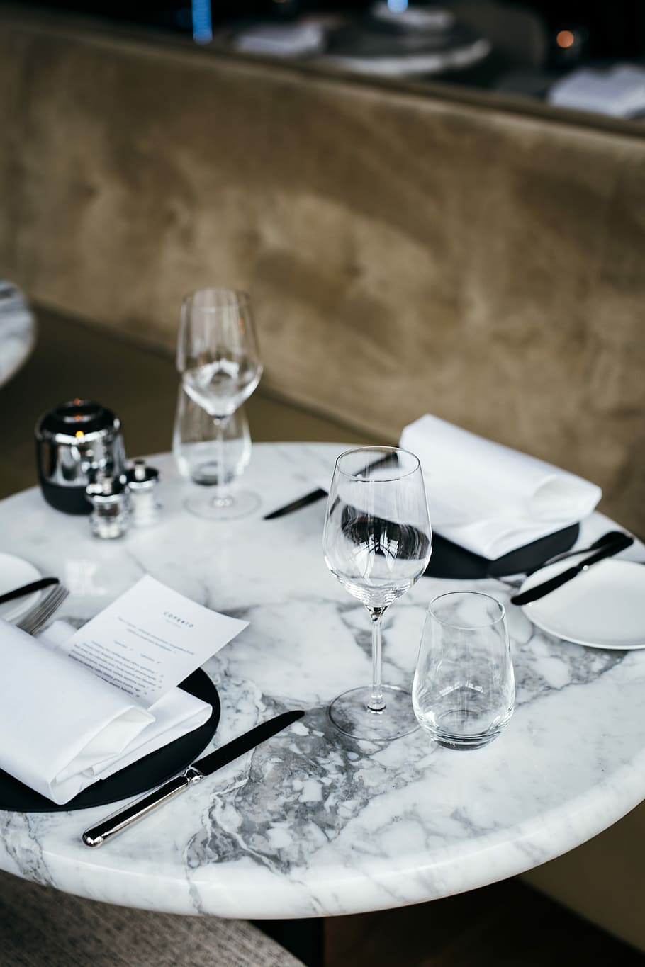 Table for two, all set, wine glass on table, marble, tableware HD wallpaper