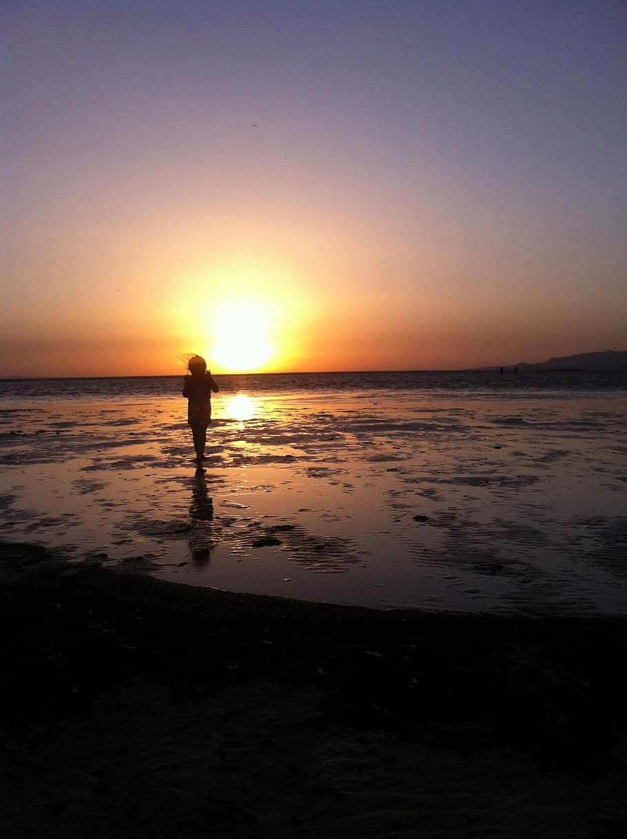 Sunset, Lake, Orange, Colors, red, person, water, silhouette HD wallpaper