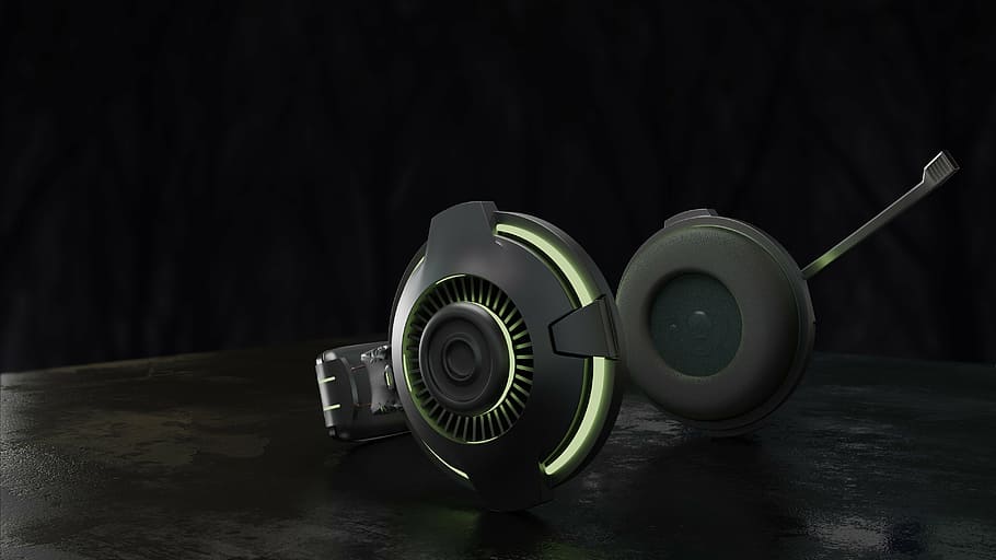 turned-on black and green wireless headset, headphone, music