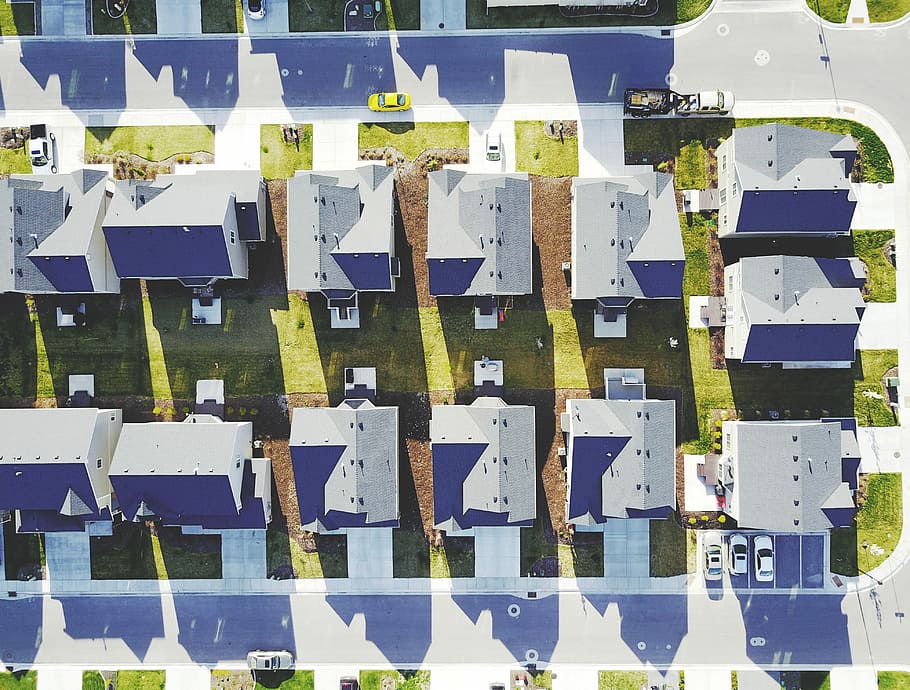 aerial photography houses, aerial view of white and blue concrete houses HD wallpaper