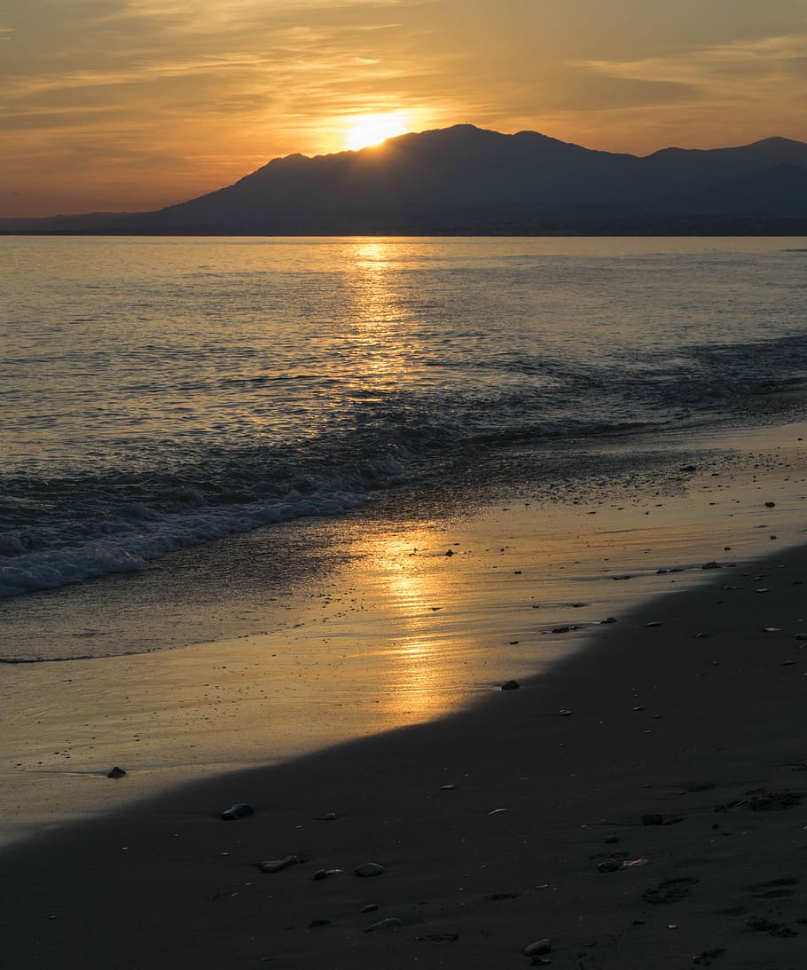Sunset, Marbella, Sea, Beach, scenics, nature, reflection, beauty in nature HD wallpaper