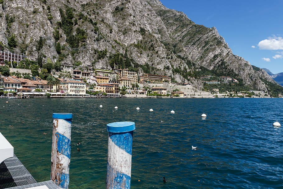 lake, view, mountains, garda, italy, outlook, waters, nature HD wallpaper