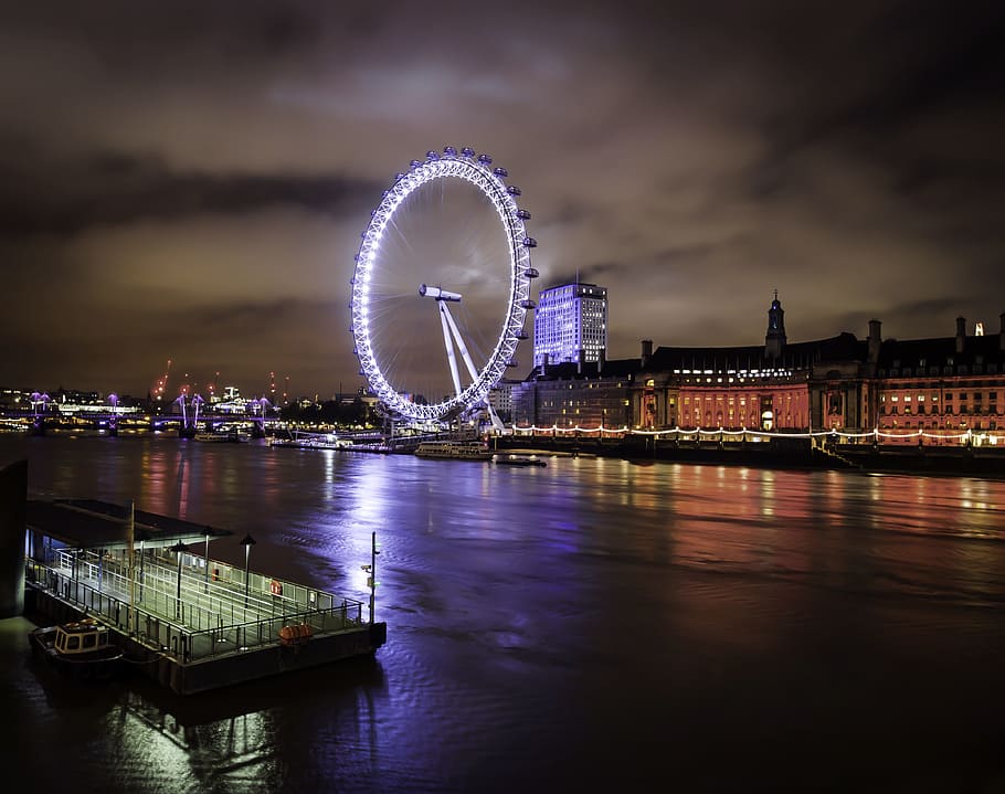 London Eye, London, night, england, city, landmark, river, cityscape, HD wallpaper