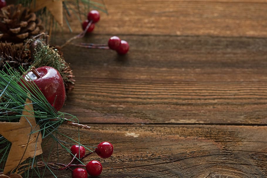 red artificial fruit decor, background, wood, brown, decoration HD wallpaper