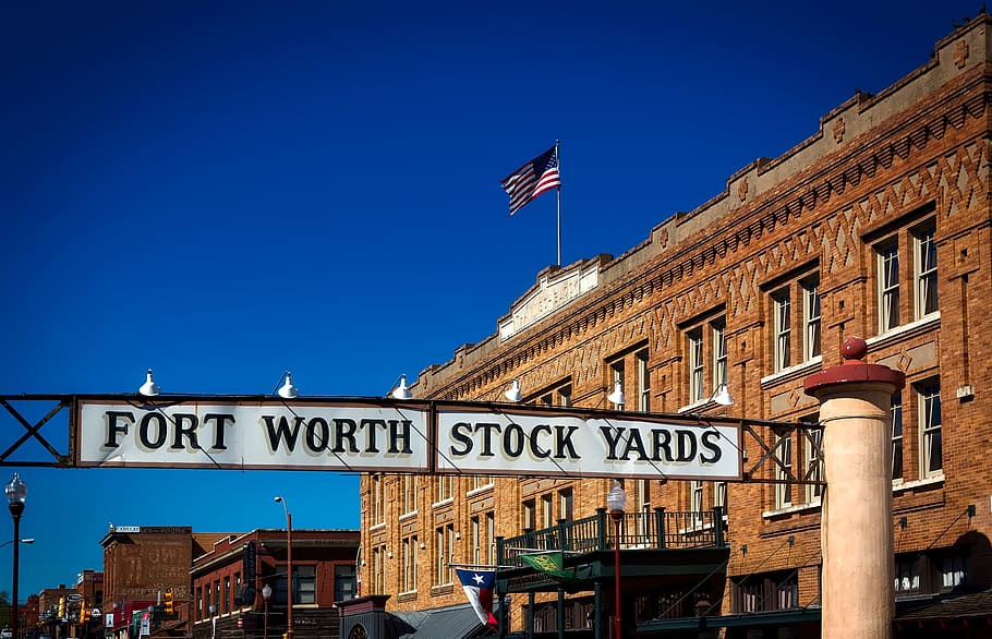 Forth Worth Stock yards building, fort worth, texas, hdr, flag