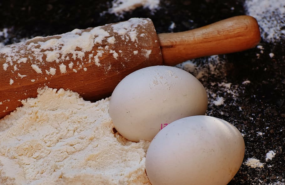 two white eggs beside rolling pin, bake, flour, ingredients HD wallpaper