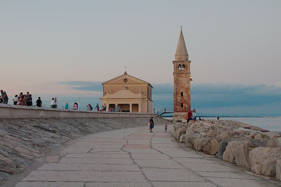 caorle, venice, italy, church, campanile, lighthouse, architecture, HD wallpaper