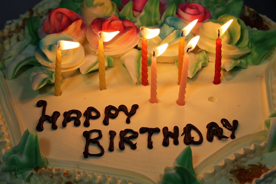 happy birthday cake with lighted candles, Birthday, Cake, Sweet