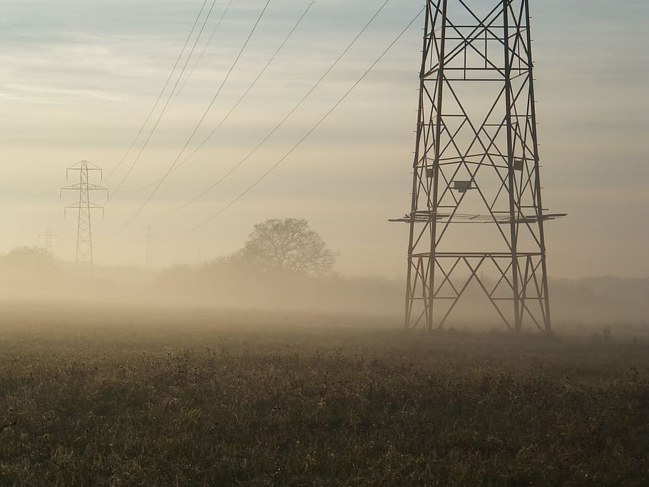 foggy field with transmission towers, power poles, overhead cable, HD wallpaper