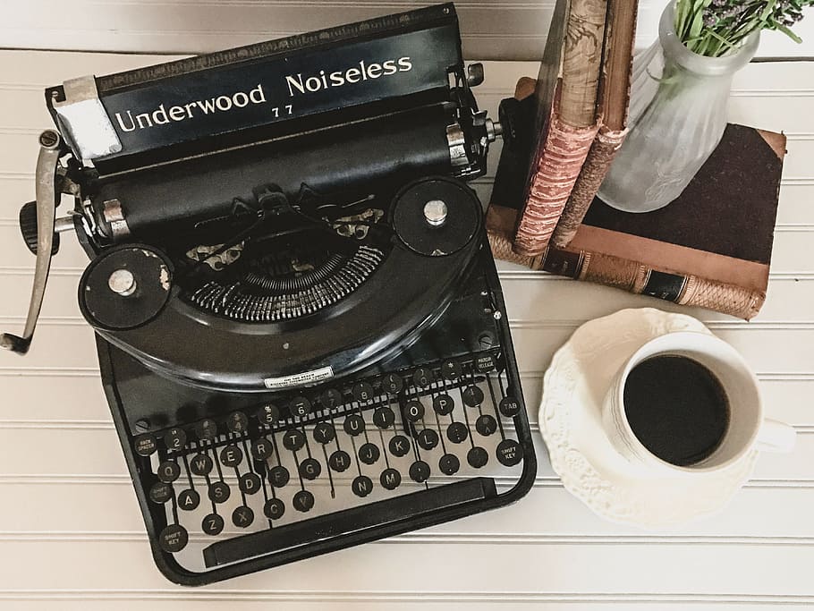 black Underwood Noiseless typewriter near white ceramic coffee mug, HD wallpaper