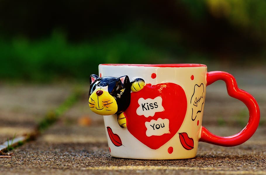 white and red ceramic mug, coffee cup, funny, cat, heart, love HD wallpaper