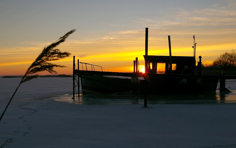 sunset, winter evening, ice, frozen, frost, winter magic, cold HD wallpaper
