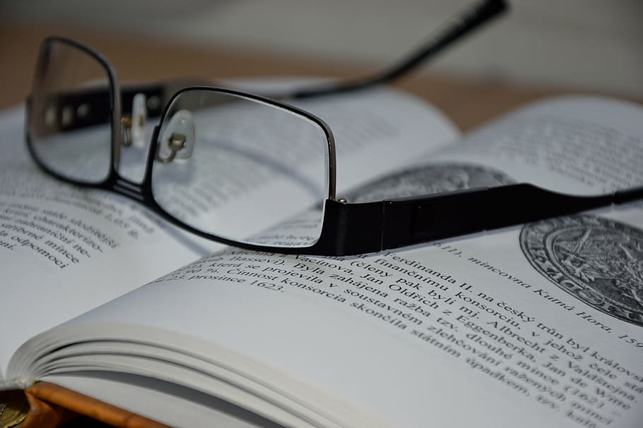 black framed eyeglasses on book, clever, learning, textbook HD wallpaper