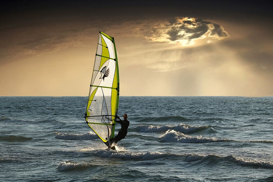 man on sailing boat, windsurfing, sea, clouds, sunset, nature HD wallpaper