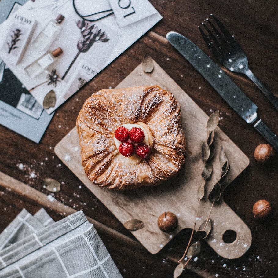 bread with strawberries beside cutlery on top of table, cake HD wallpaper
