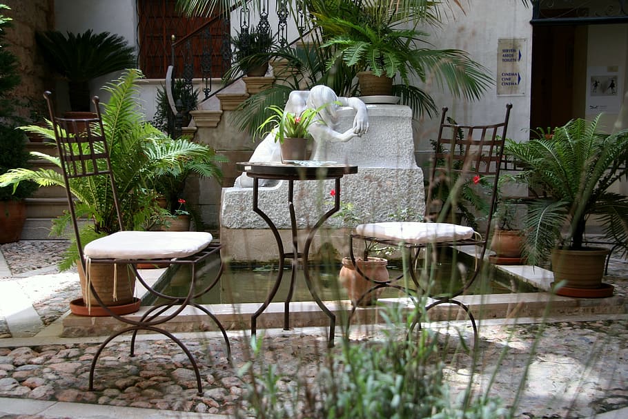 conversation, table, chairs, courtyard, morning, invitation, HD wallpaper