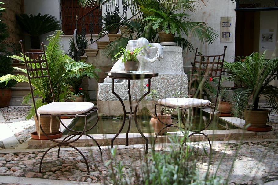 conversation, table, chairs, courtyard, morning, invitation HD wallpaper