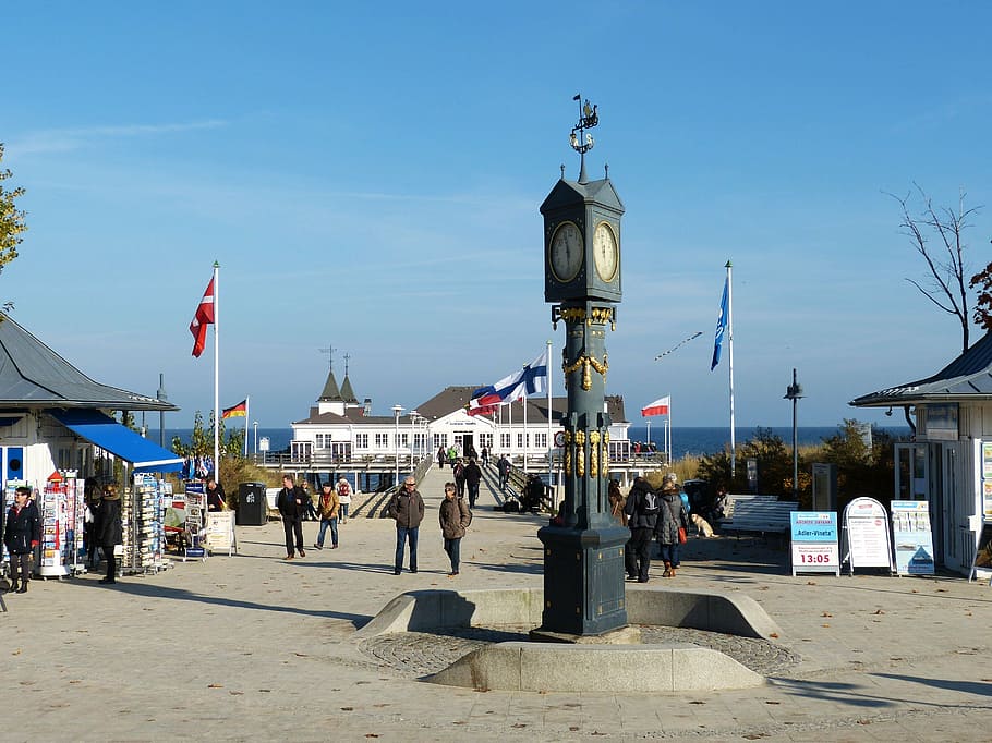 usedom, island, island of usedom, baltic sea, promenade, clock, HD wallpaper