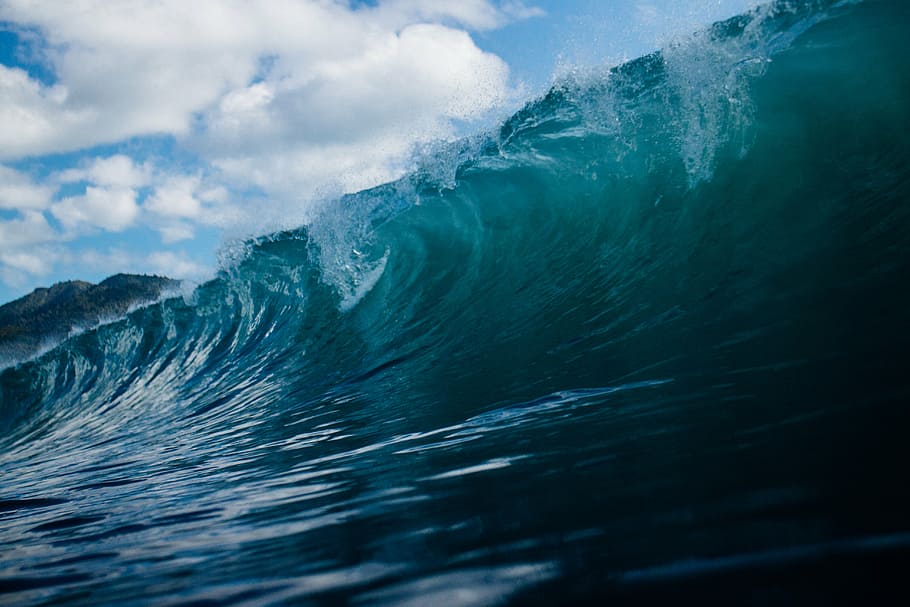 blue, clouds, ocean, sea, sky, tide, water, wave, motion, sport HD wallpaper