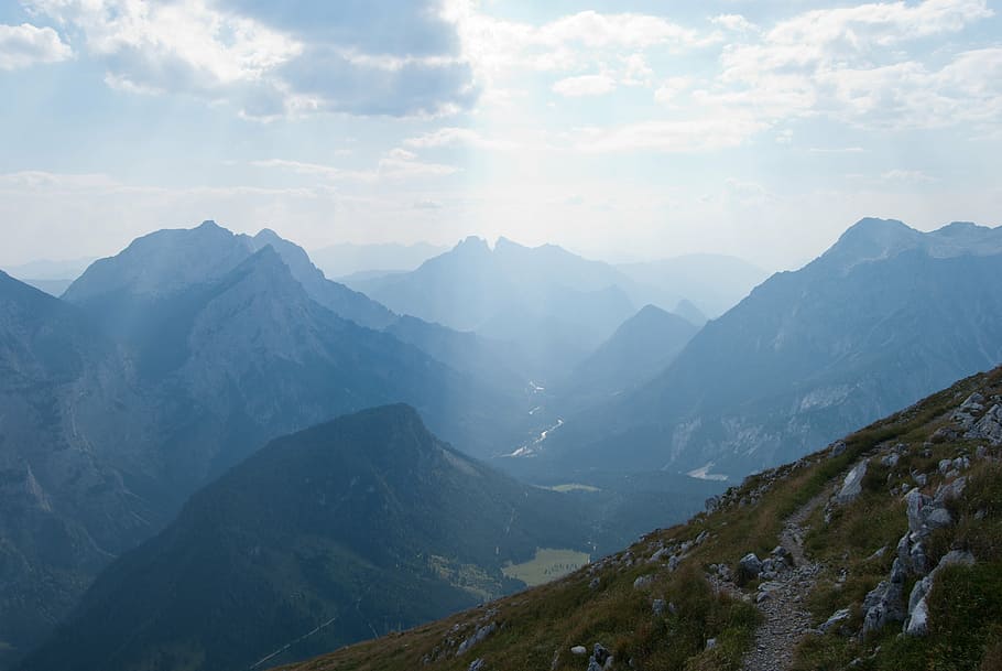 alpine, alps, clouds, gorge, hiking, landscape, mountain range HD wallpaper