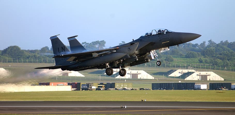 black Fighter aircraft, military jet, flight, flying, f-15, strike eagle
