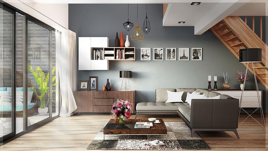 black and gray living room set, architecture, interior, design HD wallpaper