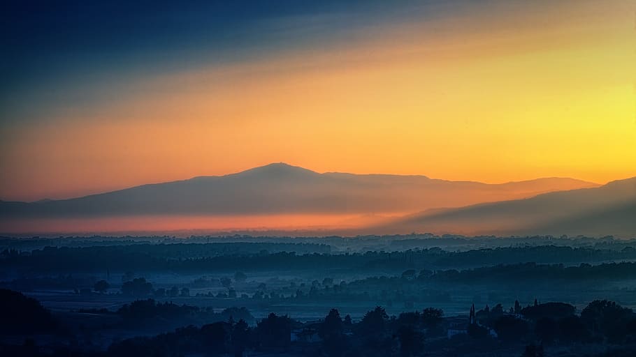 landscape photography of mountains, sunset, panorama, dawn HD wallpaper