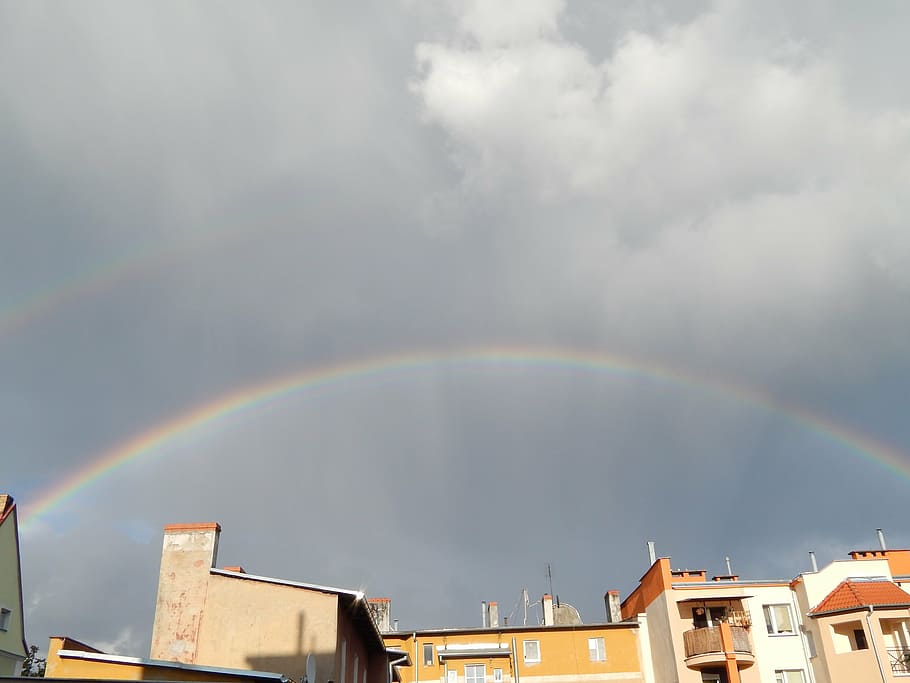 screen, sky, clouds, after the rain, rainbow, cloud - sky, architecture HD wallpaper