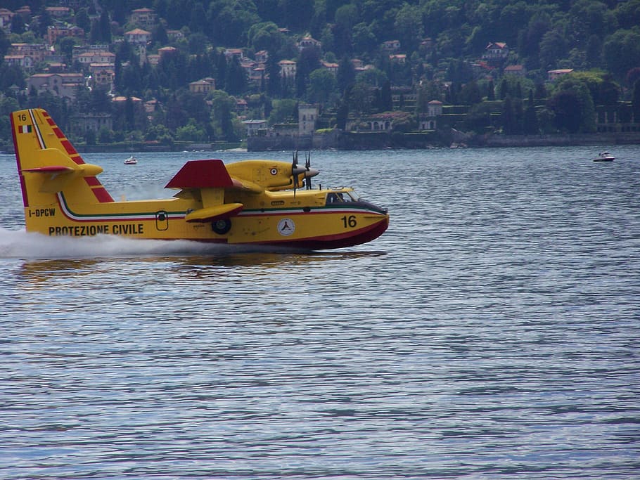 plane, lake, canadair, ala, propeller, fire, italian air, water, HD wallpaper
