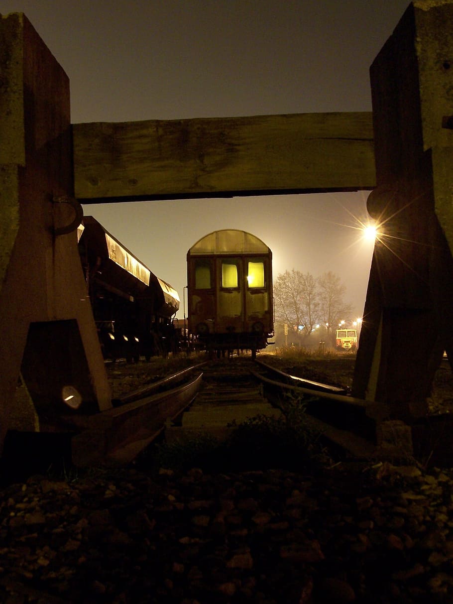 train, wagon, night, sky, rail transportation, track, architecture HD wallpaper
