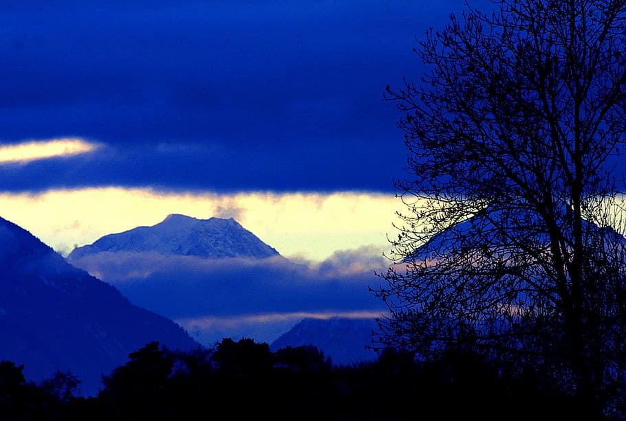 dawn, mountain, clouds, landscape, blue, nature, tree, sunset HD wallpaper
