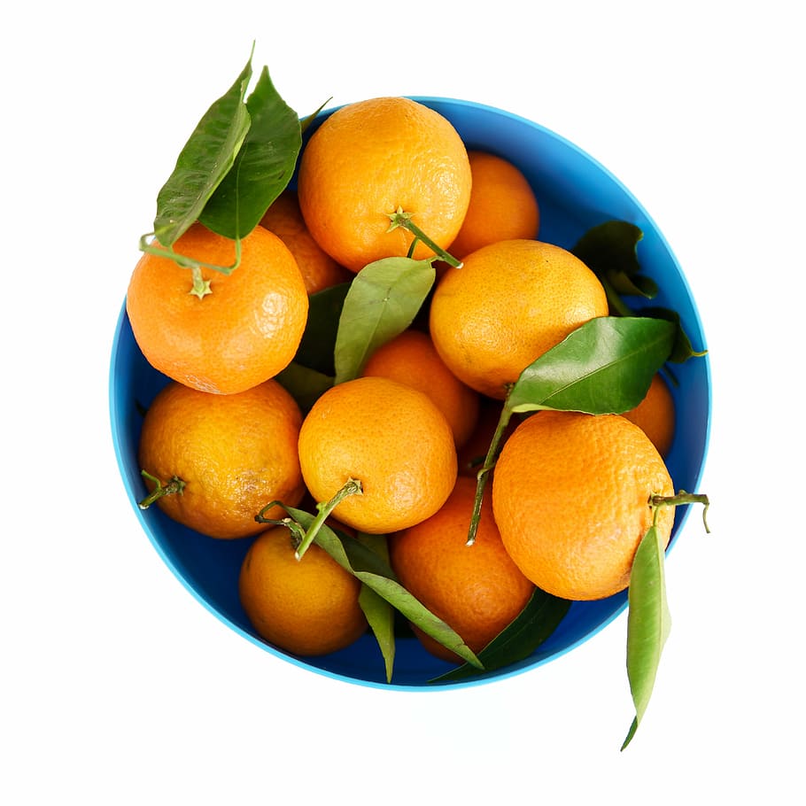 orange fruits in bowl, blue, bucket, container, healthy, food, HD wallpaper