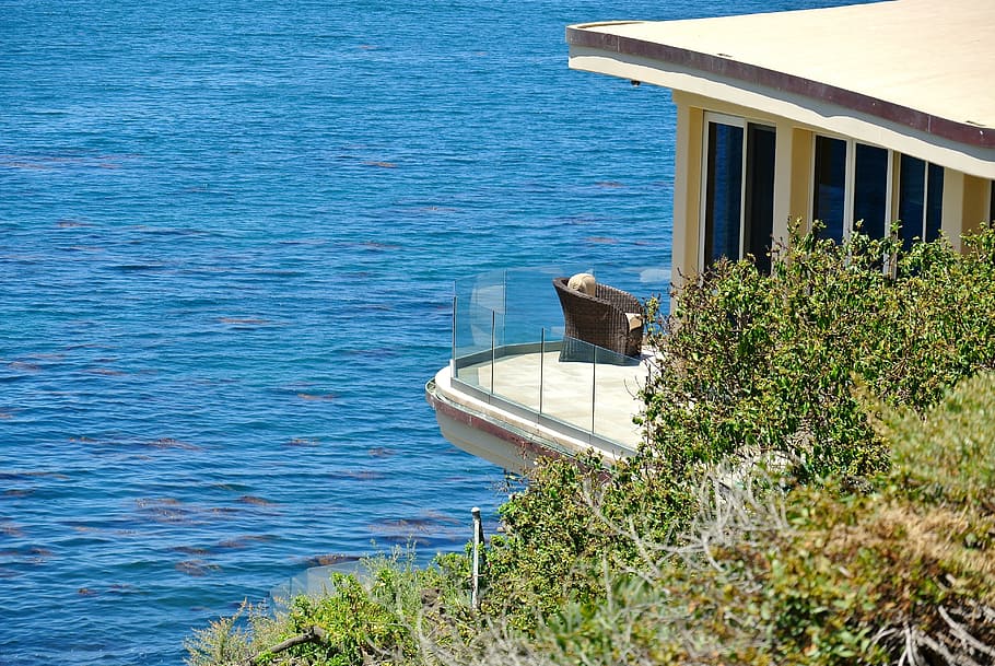 home, ocean, view, water, plant, architecture, nature, day HD wallpaper