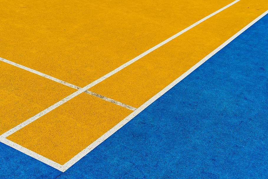 yellow area rug, yellow and blue sport hard court, ground, painted ground