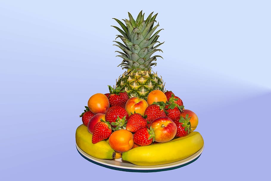 strawberries, peach fruits, and pineapples, colors, mix, healthy eating HD wallpaper