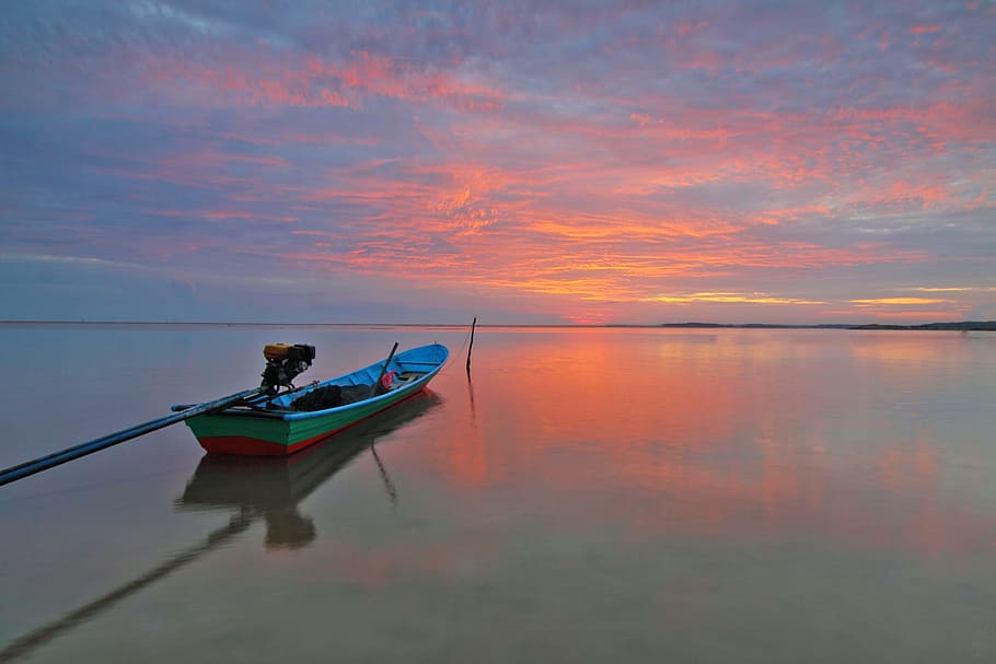 sea, dawn, landscape, nature, beach, boat, clouds, ocean, outdoors HD wallpaper