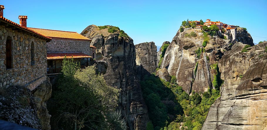 meteora, greece, monastery, rocks, spectacular, greek, travel destinations, HD wallpaper