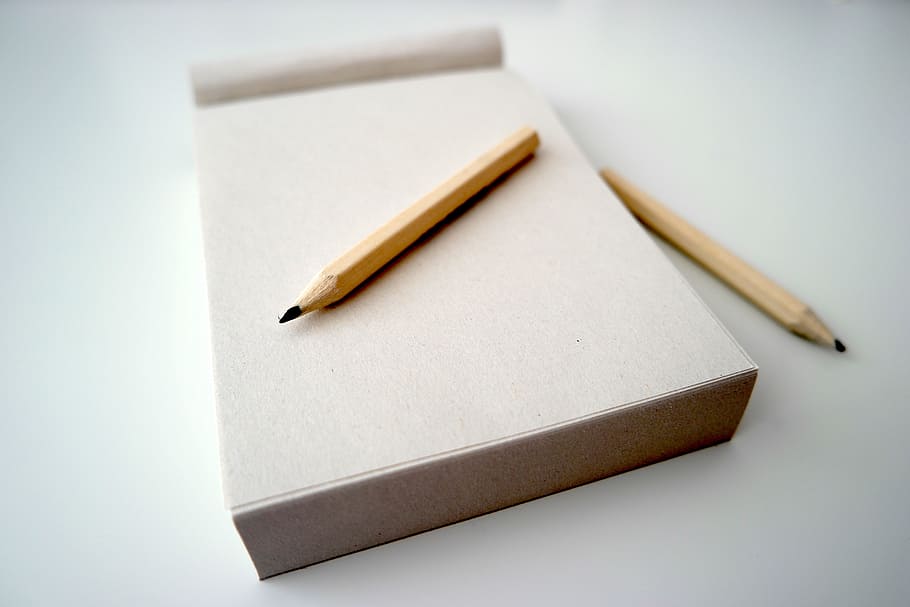 two brown pencils, notepad, paper, office, desk, writing, blank HD wallpaper