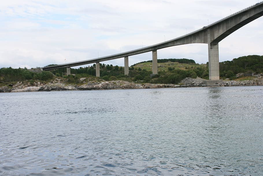 Bridge, Concrete, Columns, Water, Road, norway, landmark, sky HD wallpaper
