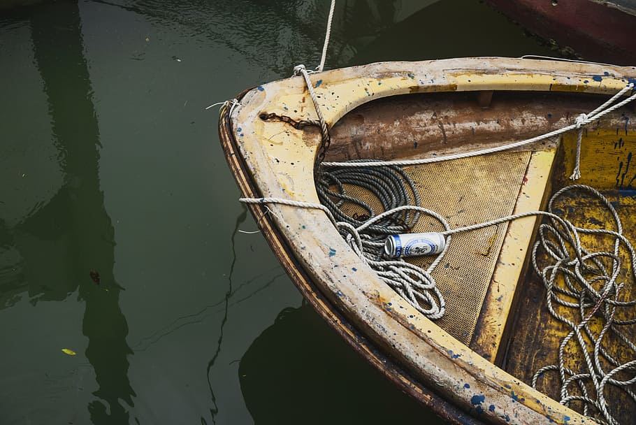 beer can on brown boat with ropes, yellow boat on water, nautical Vessel HD wallpaper