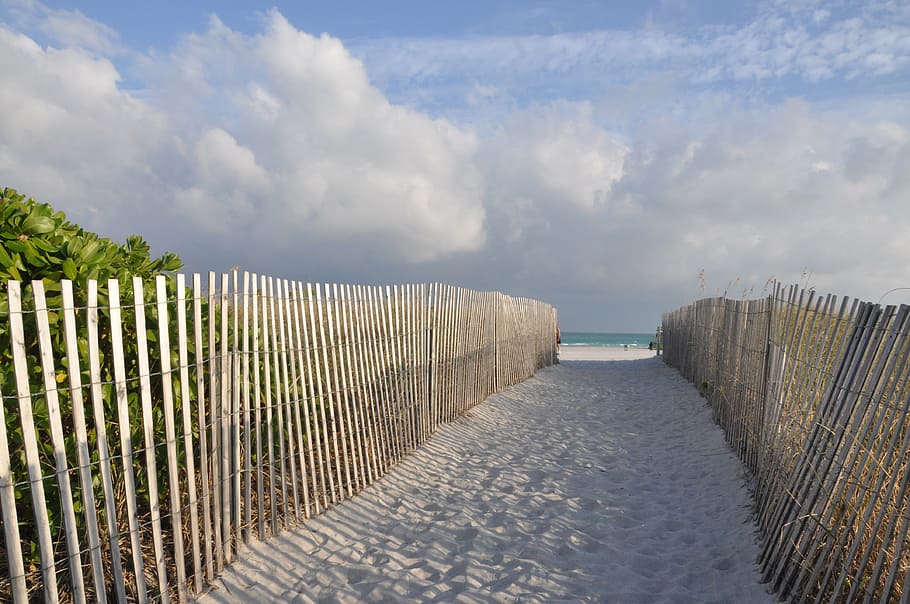 miami, beach, fence, cloud - sky, boundary, beauty in nature HD wallpaper
