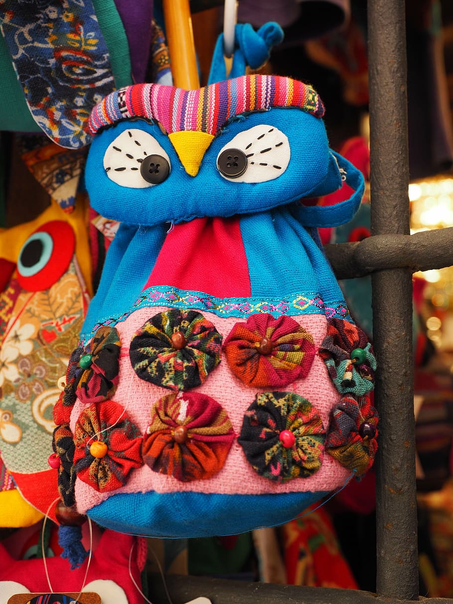 doll, rag doll, souvenir, souvenir shop, bird, owl, colorful, HD wallpaper