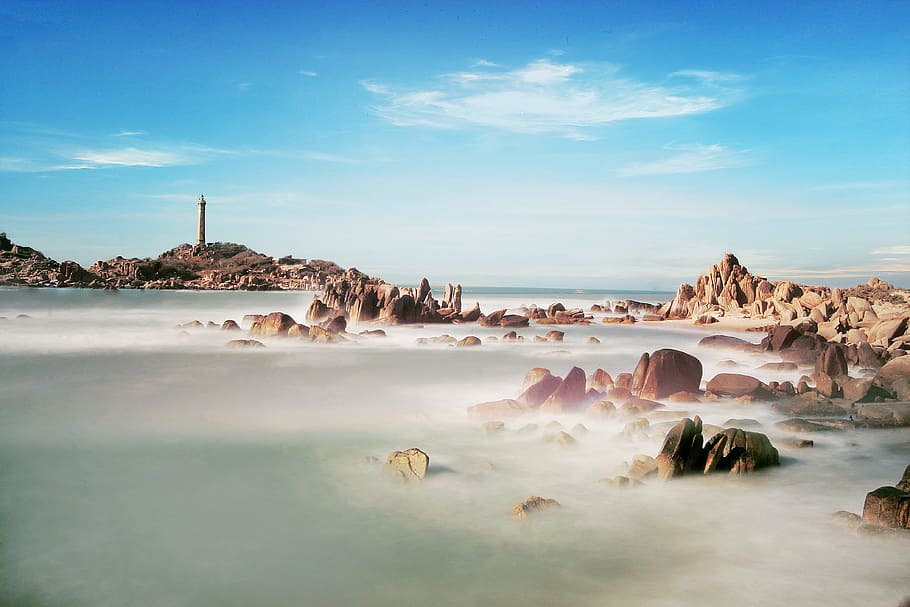 rocks on ocean at daytime, beach, vietnam, water, flow, wild HD wallpaper