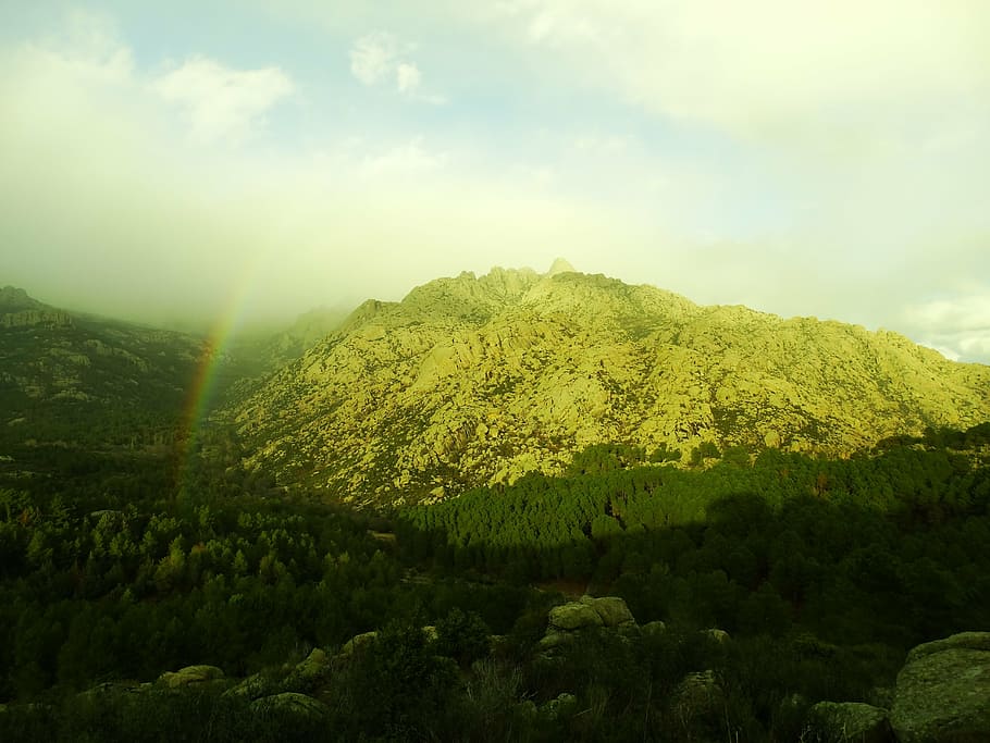 rainbow, mountain, forest, pedriza, beauty in nature, tranquility HD wallpaper
