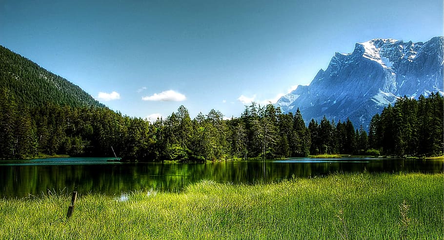 landscape reflection photography of pine trees near river, zugspitze, HD wallpaper