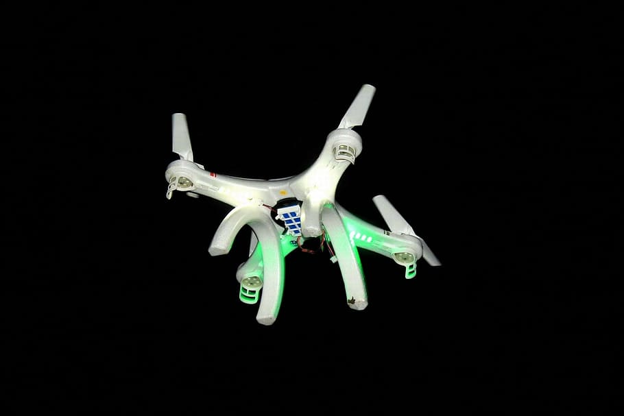 drone, flight, fly, rotor, aircraft, night, lighting, lights HD wallpaper