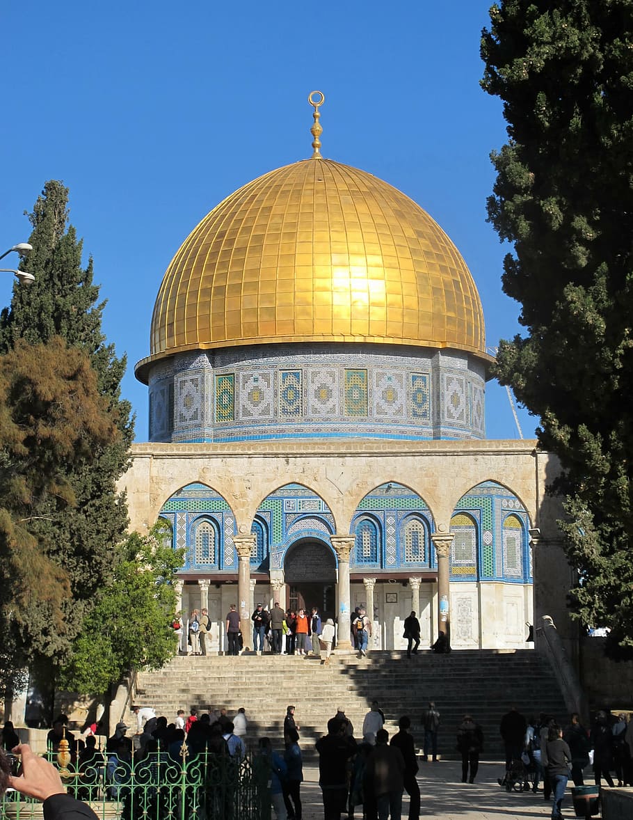 people gathering in mosque at daytime, jerusalem, israel, dome of the rock
