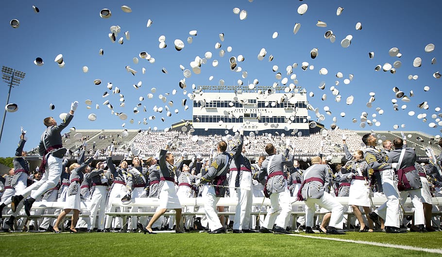 people tossing hats under clear blue sky at daytime, graduation, HD wallpaper